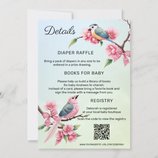 可愛い鳥が双子の赤ちゃんシャワーをボウ 招待状 (裏面)