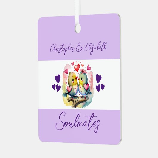 可愛い鳥の魂は幸せ紫結婚しただ メタルオーナメント (正面左)
