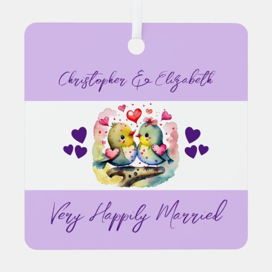 可愛い鳥の魂は幸せ紫結婚しただ メタルオーナメント (裏面)