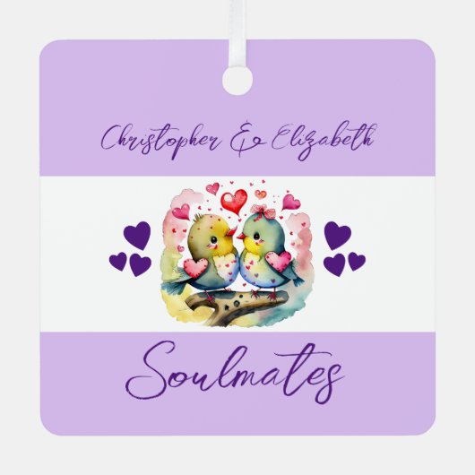 可愛い鳥の魂は幸せ紫結婚しただ メタルオーナメント (正面)