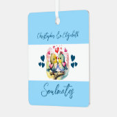 可愛い鳥を元気に青く結婚した誘う メタルオーナメント (正面左)