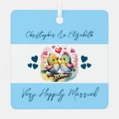 可愛い鳥を元気に青く結婚した誘う メタルオーナメント (裏面)