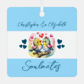 可愛い鳥を元気に青く結婚した誘う メタルオーナメント (正面)