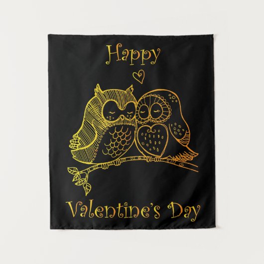 可愛い鳥カップル愛ふくろうロマンスラインアートNo 3/3 タペストリー (正面)