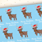 可愛い鹿とサンタハットキッズブルーラッピング紙 ラッピングペーパーシート