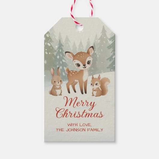 可愛い鹿と森の動物たち メリークリスマス ギフトタグ (正面)