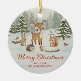 可愛い鹿と森の動物たち メリークリスマス セラミックオーナメント