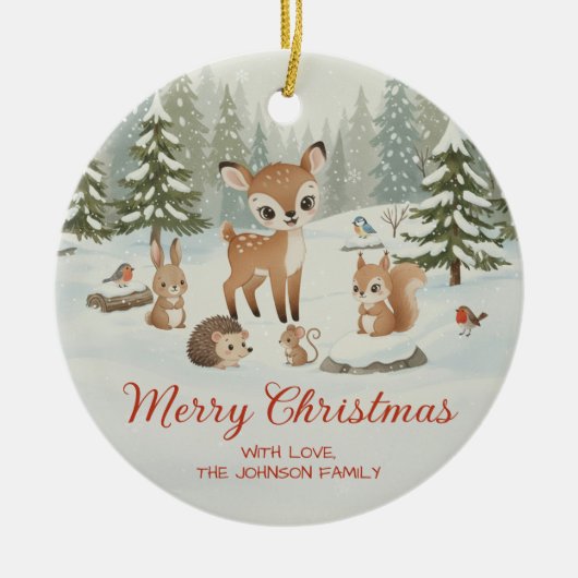 可愛い鹿と森の動物たち メリークリスマス セラミックオーナメント (正面)