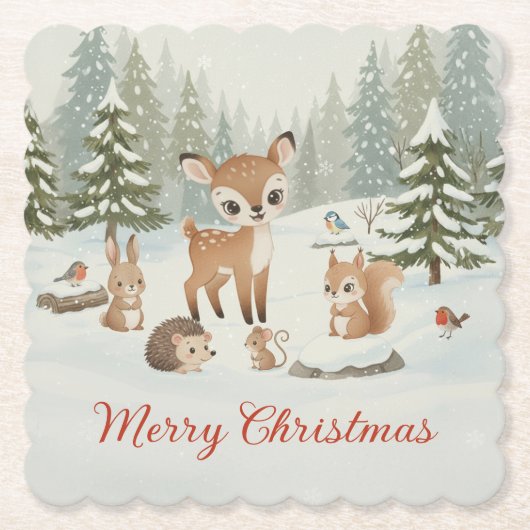 可愛い鹿と森の動物たち メリークリスマス ペーパーコースター (正面)