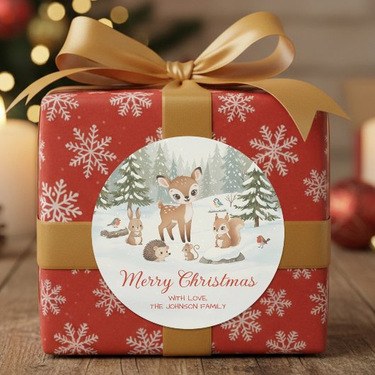 可愛い鹿と森の動物たち メリークリスマス ラウンドシール