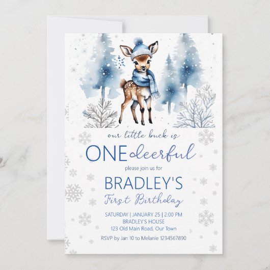 可愛い鹿の冬ワンダーフル少年の誕生日テンプレート 招待状 (正面)