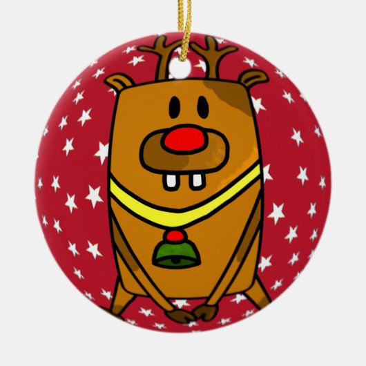 可愛い鹿の赤い鼻と星のクリスマス セラミックオーナメント (正面)