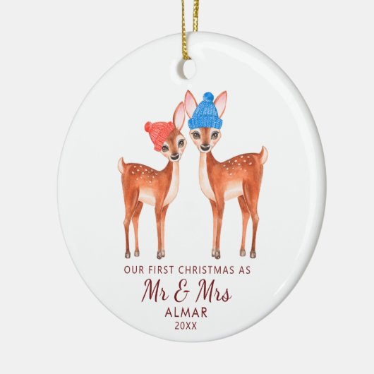 可愛い鹿パーソナライズされた夫婦の新婚さん セラミックオーナメント (左)