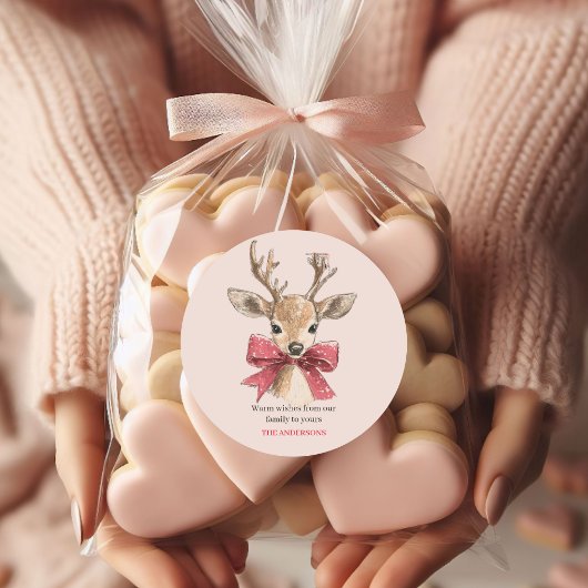 可愛い鹿（赤弓） | ピンクのクリスマス ラウンドシール