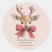 可愛い鹿（赤弓） | ピンクのクリスマス ラウンドシール (正面)