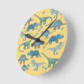 可愛い黄色と青の恐竜 ラウンド壁時計 (傾斜)