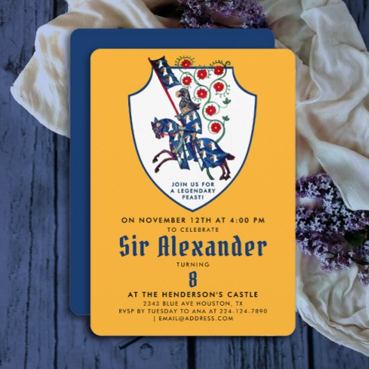 可愛い黄色の青の中年騎士の花 招待状