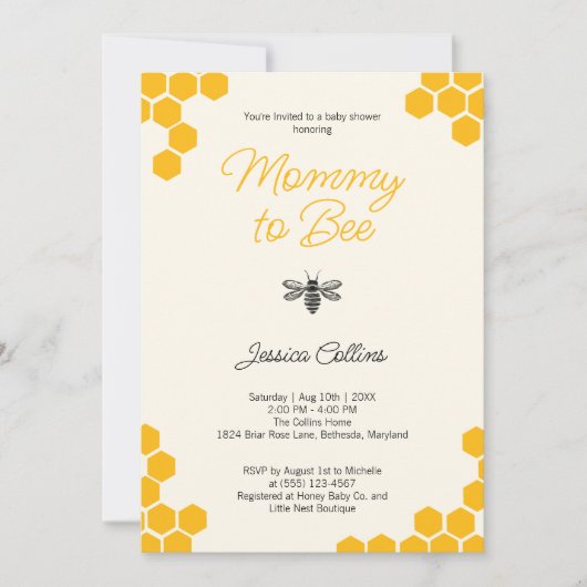 可愛い黄色男女兼用いハニカムを愛する母 招待状 (正面)