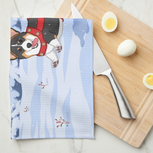 可愛い黒いコルギクリスマストナカイの衣装 キッチンタオル (四つ折り)