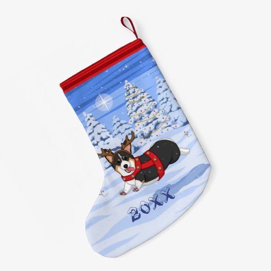 可愛い黒いコルギクリスマストナカイの衣装 スモールクリスマスストッキング (裏面 (吊り時))