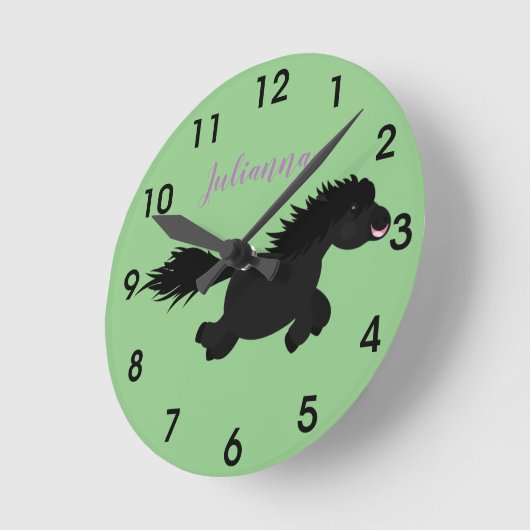 可愛い黒いシェットランドポニー漫画イラストレーション ラウンド壁時計 (傾斜)