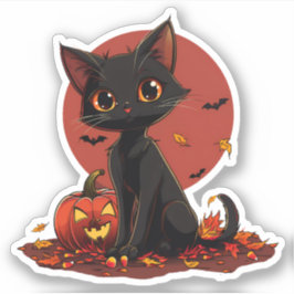 可愛い黒いハロウィーン猫とジャック・オ・ランタン シール