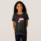 可愛い黒いパグサンタハットおもしろいマッチングクリスマス Tシャツ (正面フル)