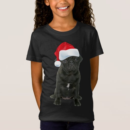 可愛い黒いパグサンタハットおもしろいマッチングクリスマス Tシャツ (正面)