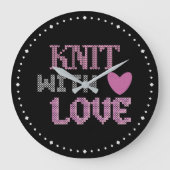 可愛い黒いピンクの愛で編み物 ラージ壁時計 (正面)