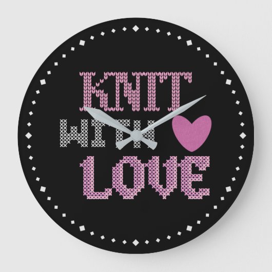 可愛い黒いピンクの愛で編み物 ラージ壁時計 (正面)