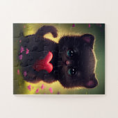 可愛い黒い子猫がハートジグソーパズル ジグソーパズル (横)