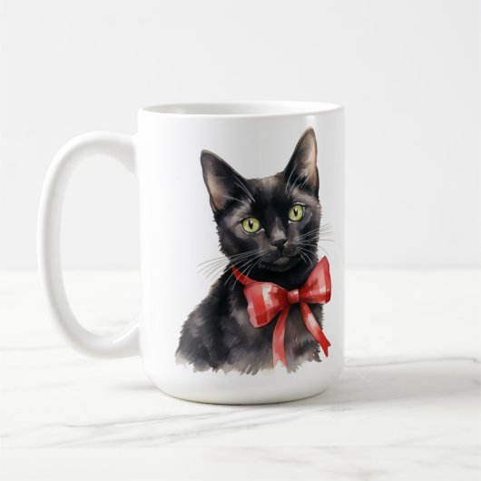 可愛い黒い子猫と休日の赤い弓 コーヒーマグカップ (左)