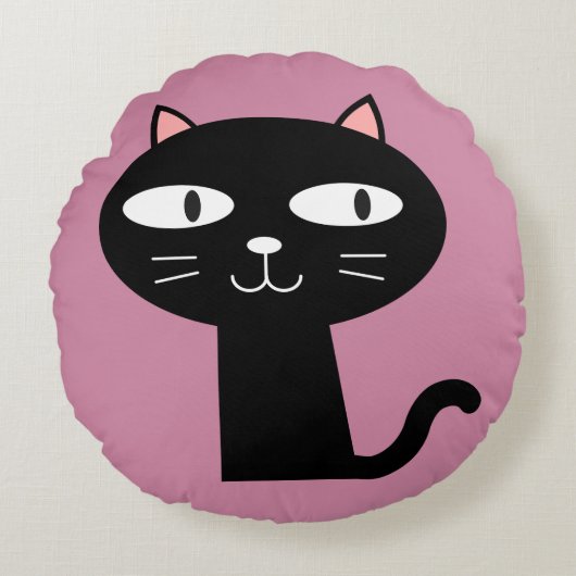 可愛い黒い猫の枕ピンク ラウンドクッション (正面)