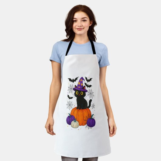 可愛い黒い魔女猫かぼちゃハロウィーンのコスチュームfal エプロン (着用した状態)