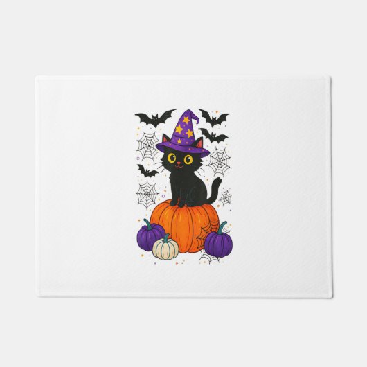 可愛い黒い魔女猫かぼちゃハロウィーンのコスチュームfal ドアマット (正面)
