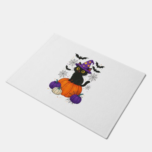 可愛い黒い魔女猫かぼちゃハロウィーンのコスチュームfal ドアマット (アングル)