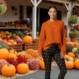 可愛い黒オレンジ水玉模様柄 レギンス