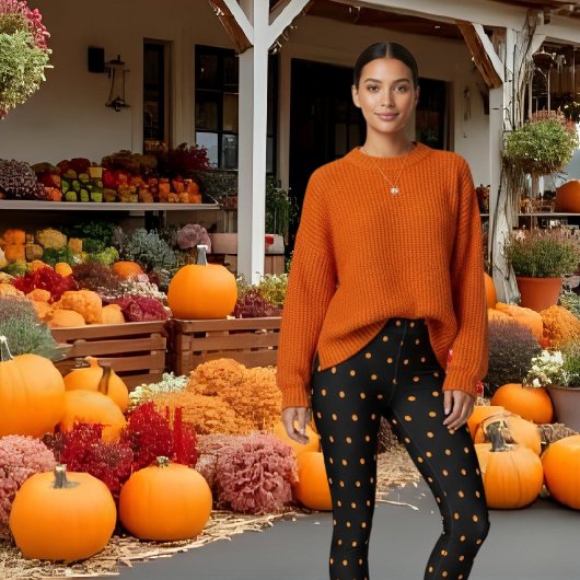 可愛い黒オレンジ水玉模様柄 レギンス