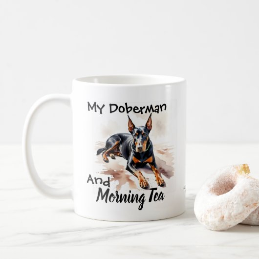 可愛い黒オンホワイト「My Doberman & Tea」 コーヒーマグカップ (ドーナツ)