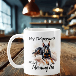 可愛い黒オンホワイト「My Doberman & Tea」 コーヒーマグカップ