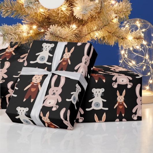 可愛い黒テディベア猫のおもちゃ柄 ラッピングペーパー (クリスマス)