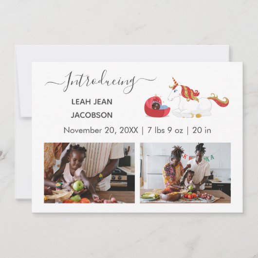 可愛い黒ベビー写真誕生ユニコーン 案内状 (正面)