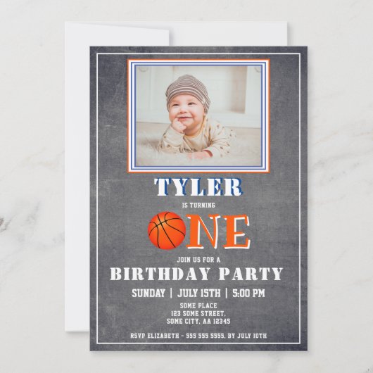 可愛い黒板バスケットボール写真第1誕生日 招待状 (正面)