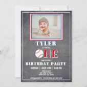 可愛い黒板ベースボールフォト1歳の誕生日 招待状 (正面)