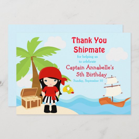 可愛い黒毛海賊少女バースデーパーティー サンキューカード (正面/裏面)