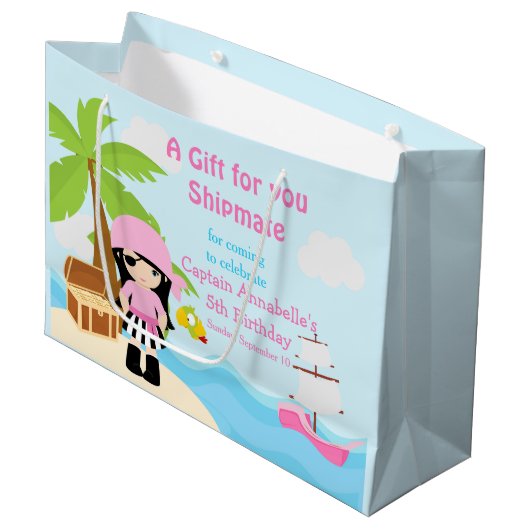 可愛い黒毛海賊少女ピンク誕生日 ラージペーパーバッグ (正面アングル)