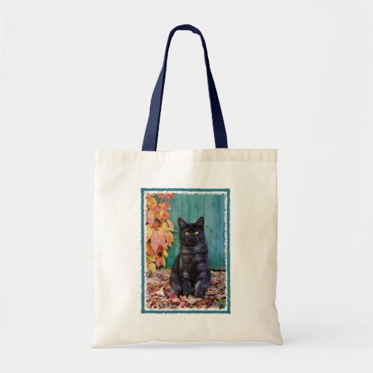 可愛い黒猫おもしろい赤い葉の青い扉 – トートバッグ (正面)
