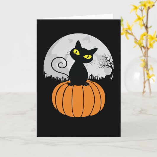 可愛い黒猫かぼちゃ満月おかしいハロウィーン カード (黄色い花)