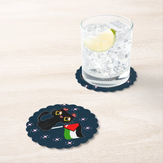 可愛い黒猫がパレスチナ国旗を掲げている ペーパーコースター (インサイチュ)