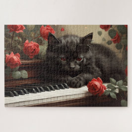 可愛い黒猫がピアノに寝ている ジグソーパズル